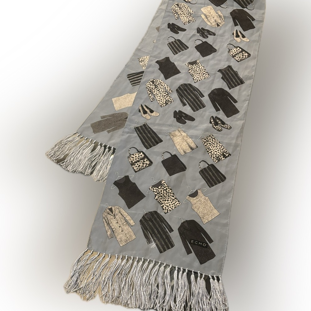 ECHO | SILK SCARF LIGHT BLUE AND BLACK PRINT W/ TASSELS